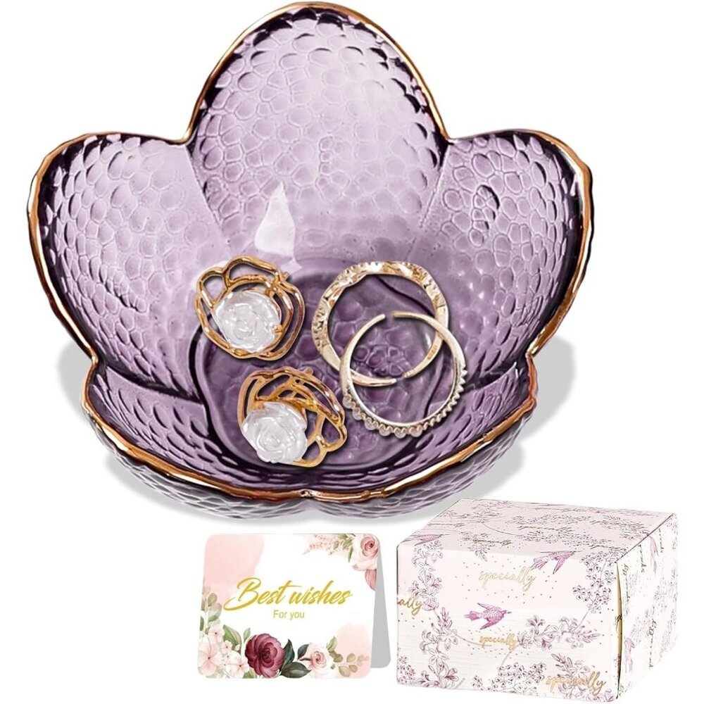Purple Flower Jewelry Dish Glass Ring Holder Dish Jewelry Tray Cute Vanity